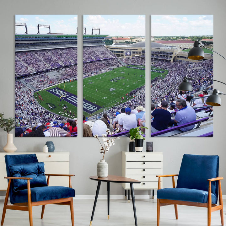 Amon G. Carter Stadium wall art canvas showcasing the TCU Horned Frogs and packed stands at Fort Worth.