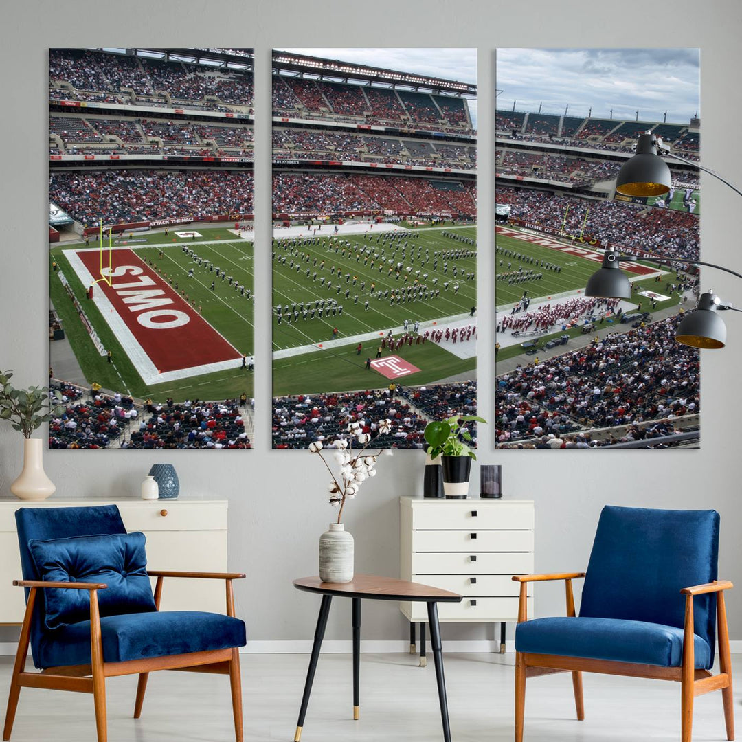 Aerial view wall art of Lincoln Financial Field during a Temple Owls game.