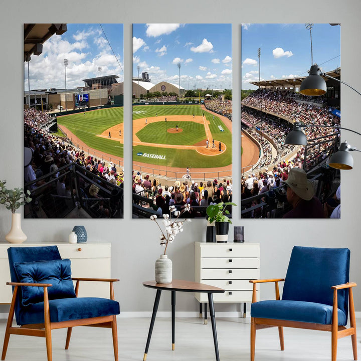 A baseball stadium under a blue sky, capturing the energy of The Texas A&M Aggies Athletics Kyle Field Wall Art.