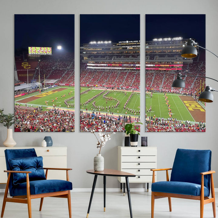 Canvas print depicting a packed stadium at night with a marching band forming USC, celebrating the Trojans at Los Angeles Memorial Coliseum.