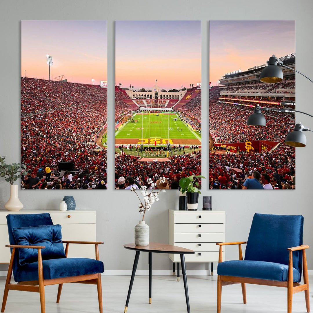 A USC Trojans wall art canvas print highlights the scene, depicting the Coliseum Stadium at sunset.