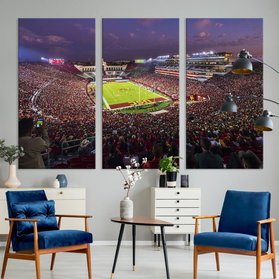 The vibrant wall art canvas print captures the USC Trojans playing under lights at dusk in LA Memorial Coliseum.