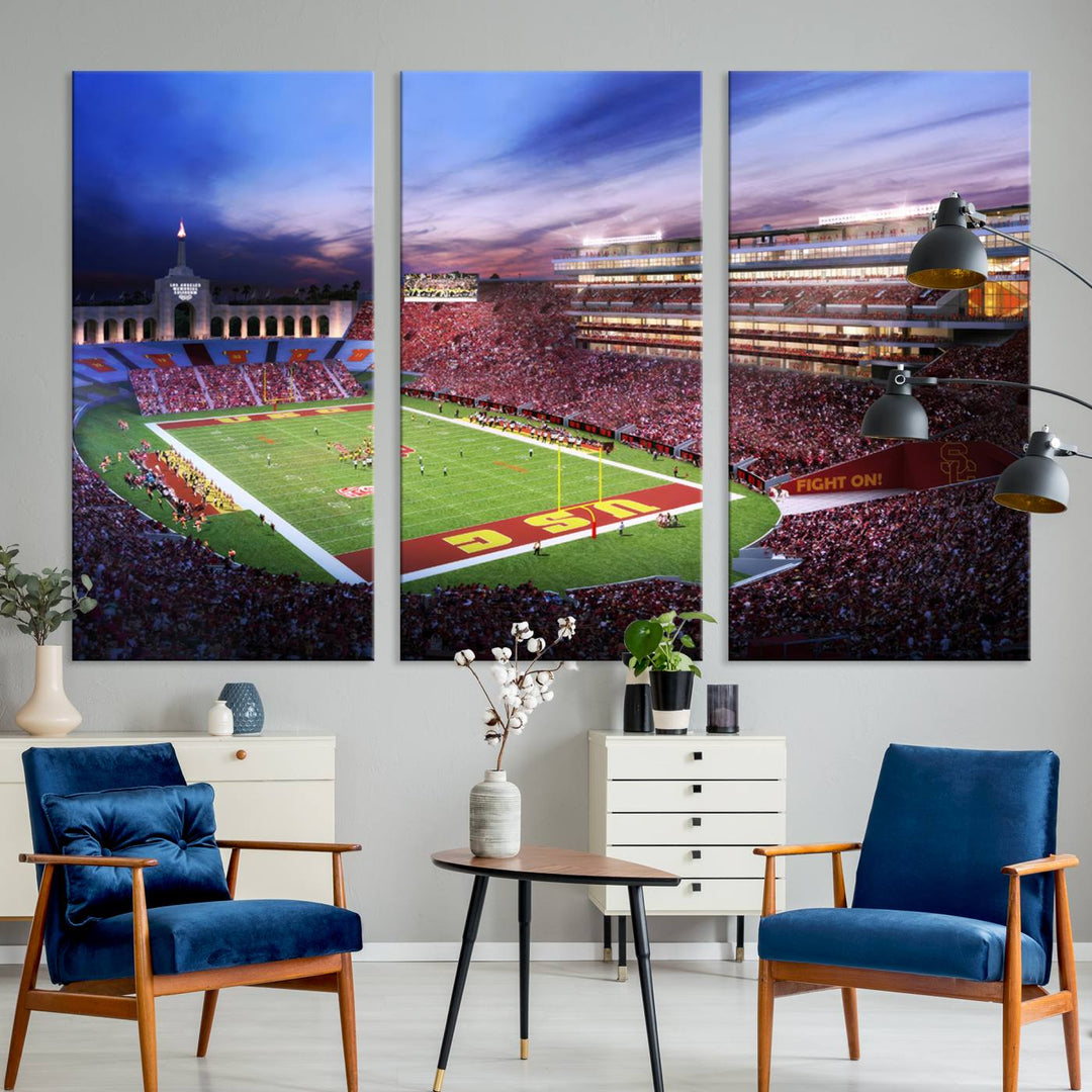 A vibrant painting of fans cheering for The University of Southern California USC Trojans under bright stadium lights.