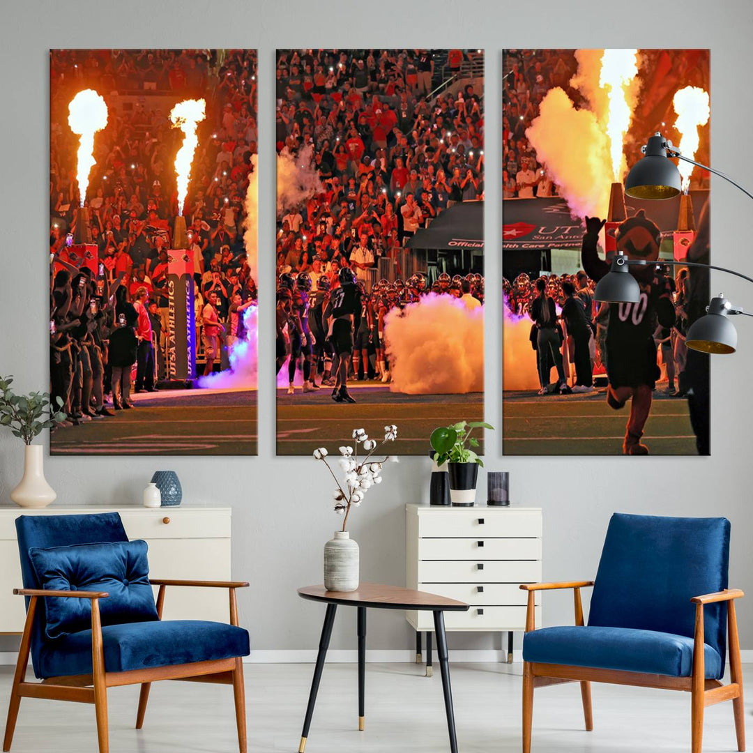 This canvas print captures the UTSA Roadrunners storming the Alamodome under smoke and fire.