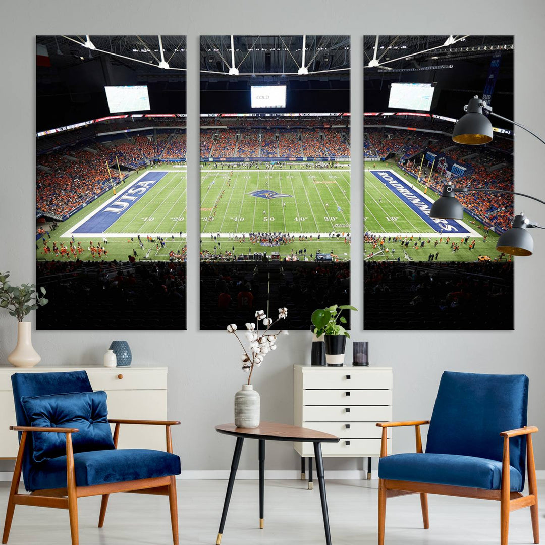 The UTSA Roadrunners game at Alamodome canvas print captures the scene from above, displaying fans and the UTSA lettering on the field.