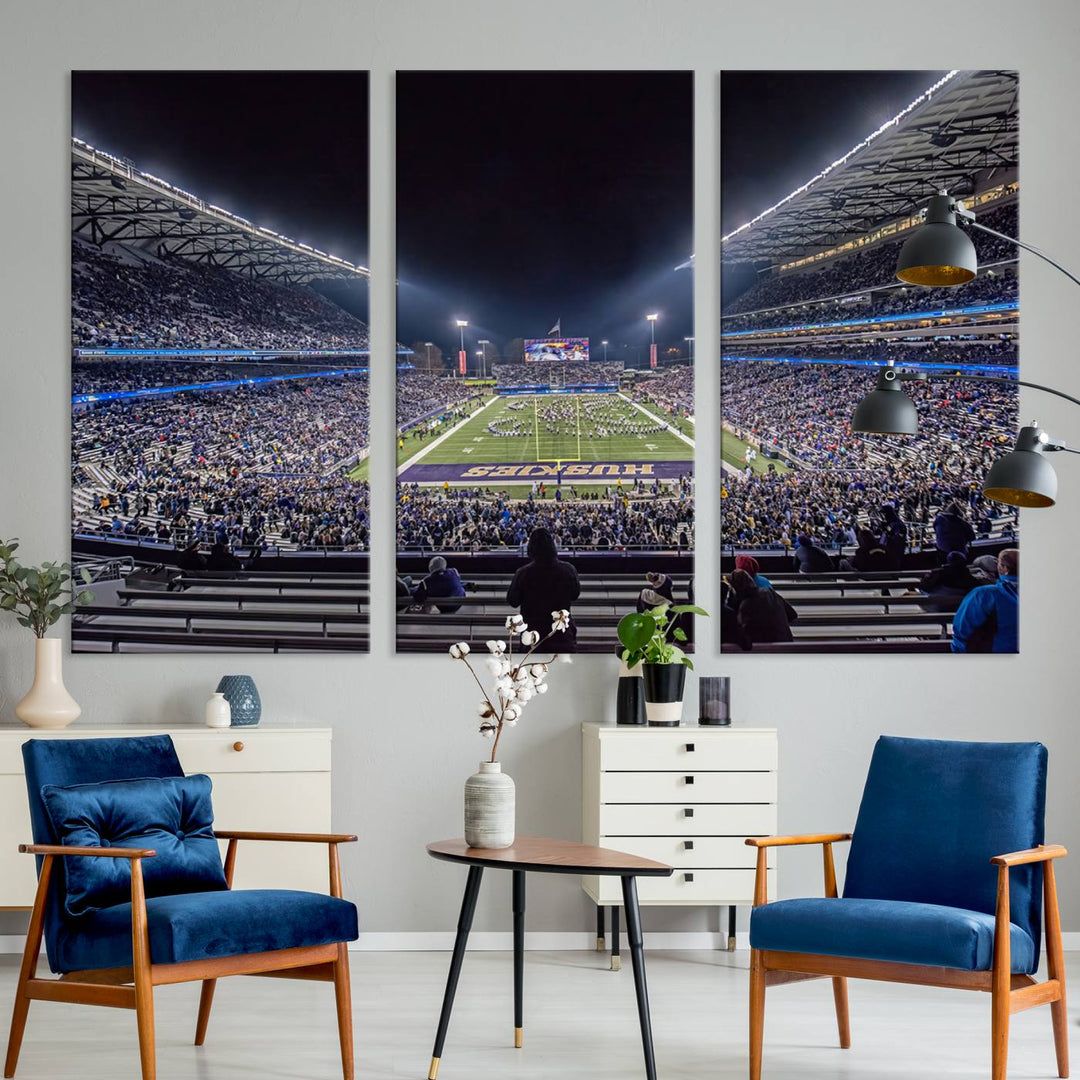 A canvas print titled The University of Washington Huskies Football depicts a packed Husky Stadium at night, as seen from the stands.