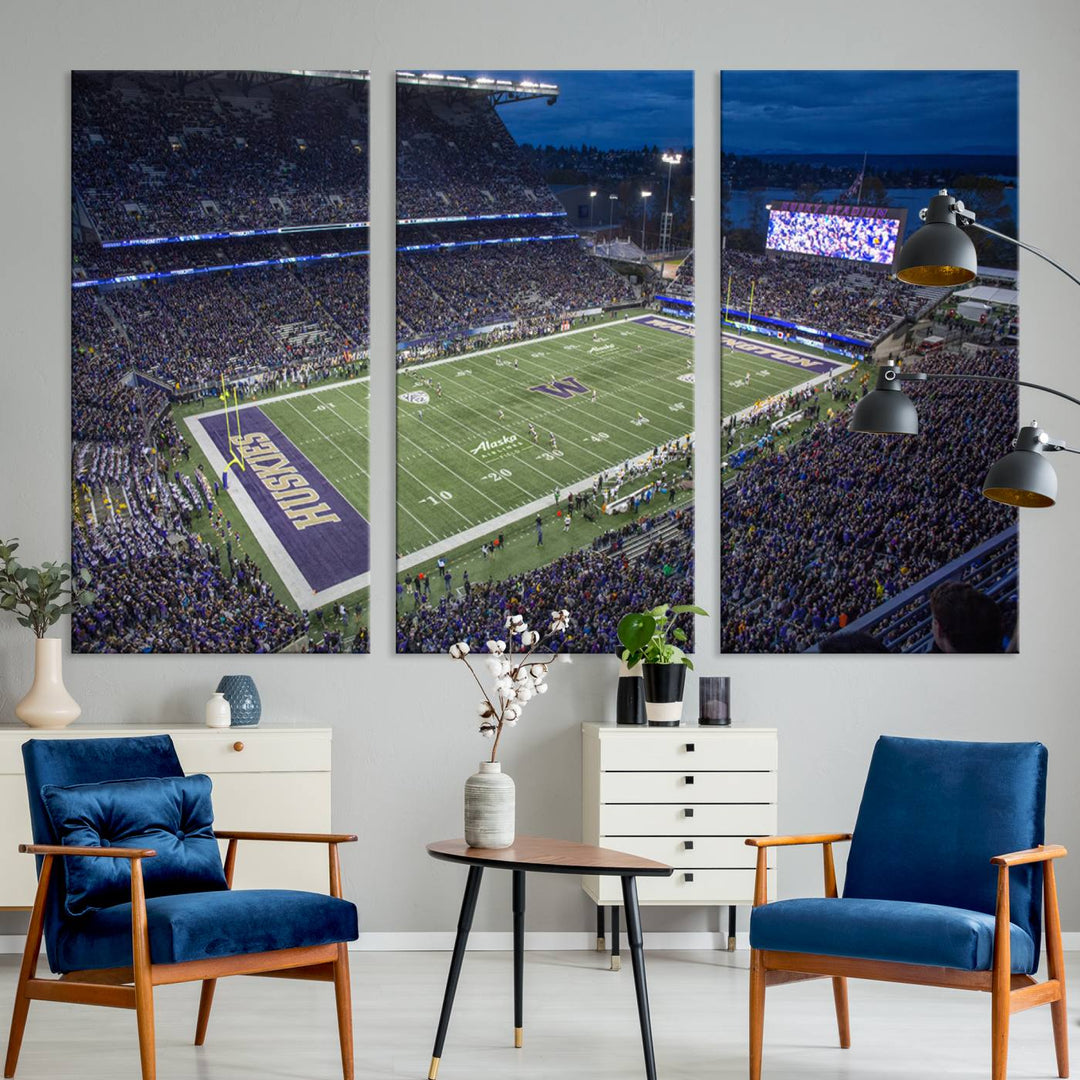 The University of Washington Huskies Football Team Print: Seattle Husky Stadium Wall Art Canvas captures a dusk stadium view.