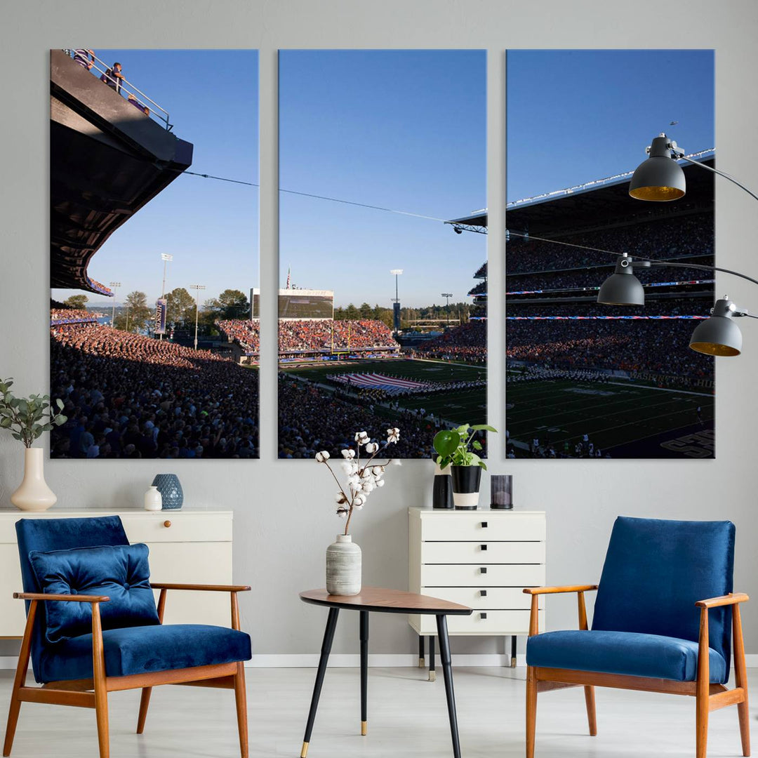 The University of Washington Huskies wall art print depicts Husky Stadium coming alive with fans as flags flutter.