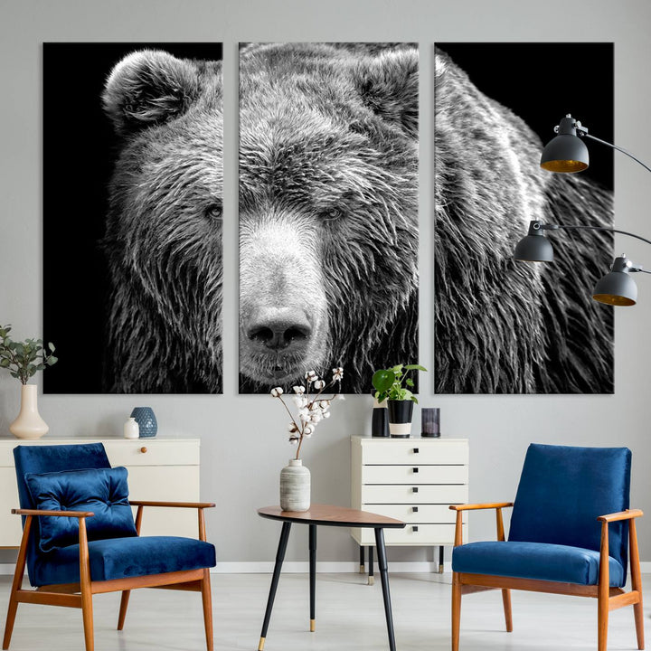 The 399 Grizzly Bear Canvas Print is displayed prominently on a wall in a modern living room.