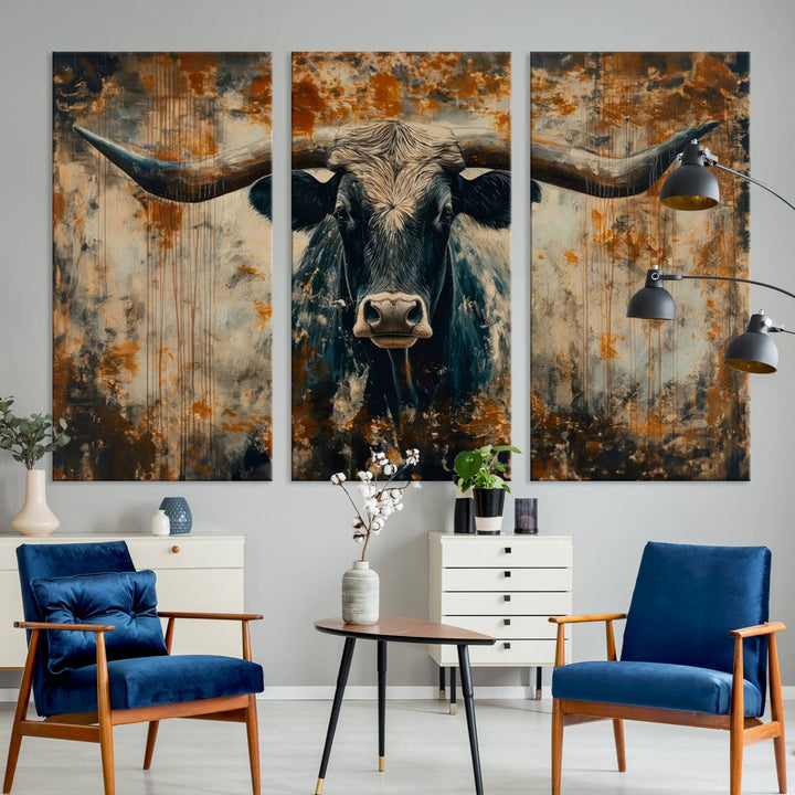 Abstract Longhorn Bull Wall Art | Rustic Western Wall Decor | Framed and Ready to Hang | Ideal for Farmhouse, Lodge, and Barn Decor