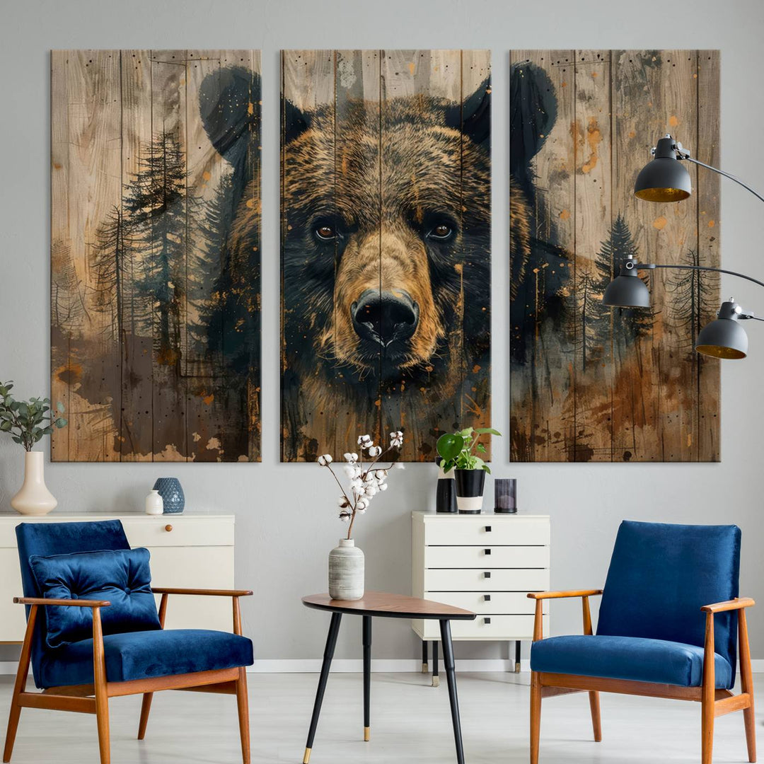 The Abstract 399 Bear Wall Art, featuring a rustic cabin theme with forest design, is framed and ready to hang. It's ideal for lodge, cabin, and barn decor and perfectly complements the nature lover's aesthetic.