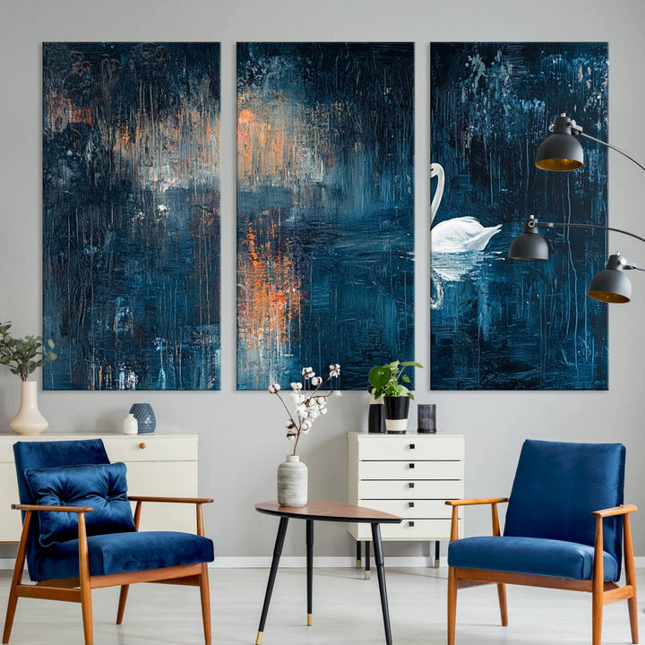 Abstract Swan Wall Art | Moody Blue and Orange Swan Painting on Canvas | Framed and Ready to Hang | Elegant and Modern Art for Living Room or Bedroom Decor