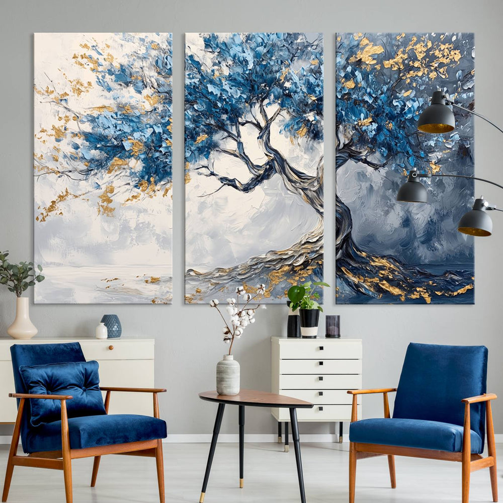 Abstract Tree Painting Canvas Print: Features a twisted trunk with blue and gold leaves; ideal wall art for any textured backdrop.