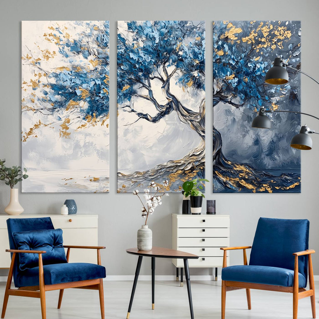 Elegant Abstract Tree Canvas Wall Art | Tree of Life Painting | Textured Art in Blue and Gold | Framed & Ready to Hang for Modern Living Room Decor