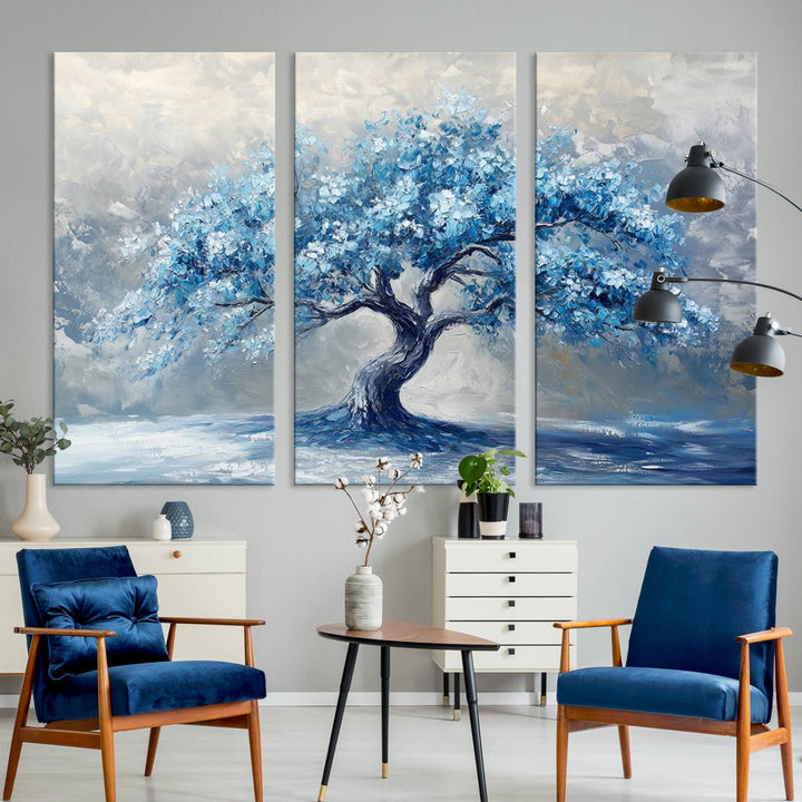 Serene Abstract Blue Tree Wall Art | Canvas Print of a Majestic Tree in Blue Hues | Perfect for Farmhouse, Coastal, and Modern Decor