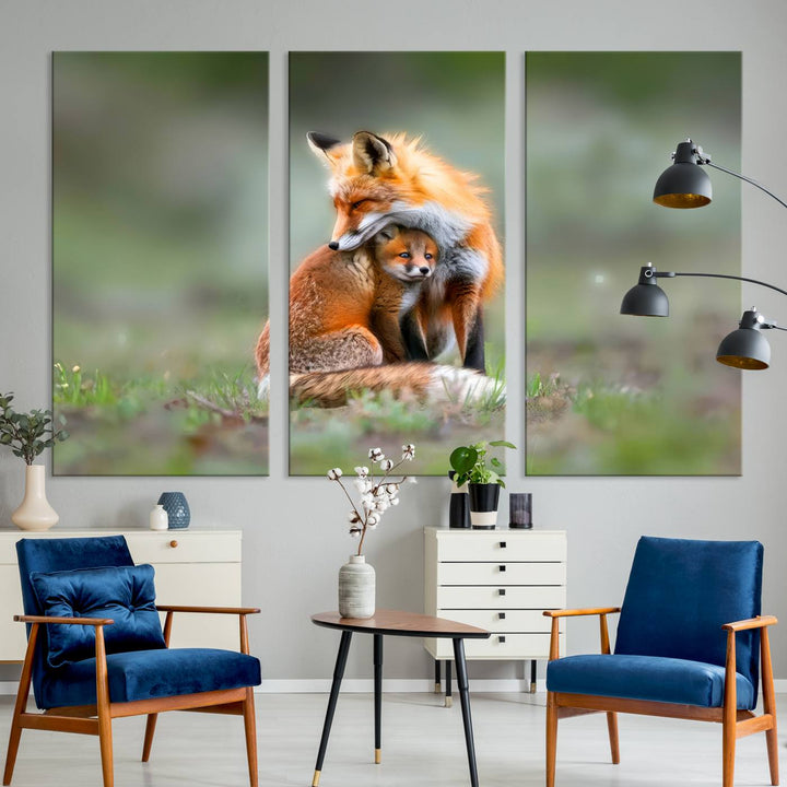 Heartwarming Fox and Baby Cub Wall Art | Ready to Hang Canvas Print of Foxes in Nature | Perfect for Animal Lovers, Rustic Decor, and Cabin Wall Art