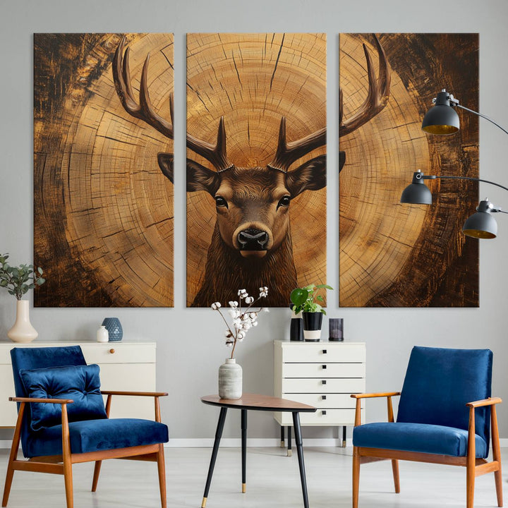 Deer Wall Art Canvas Print | Ready to Hang Canvas Print of a Stag with Rustic Tree Rings | Perfect for Farmhouse Wall Decor, Cabin Wall Art