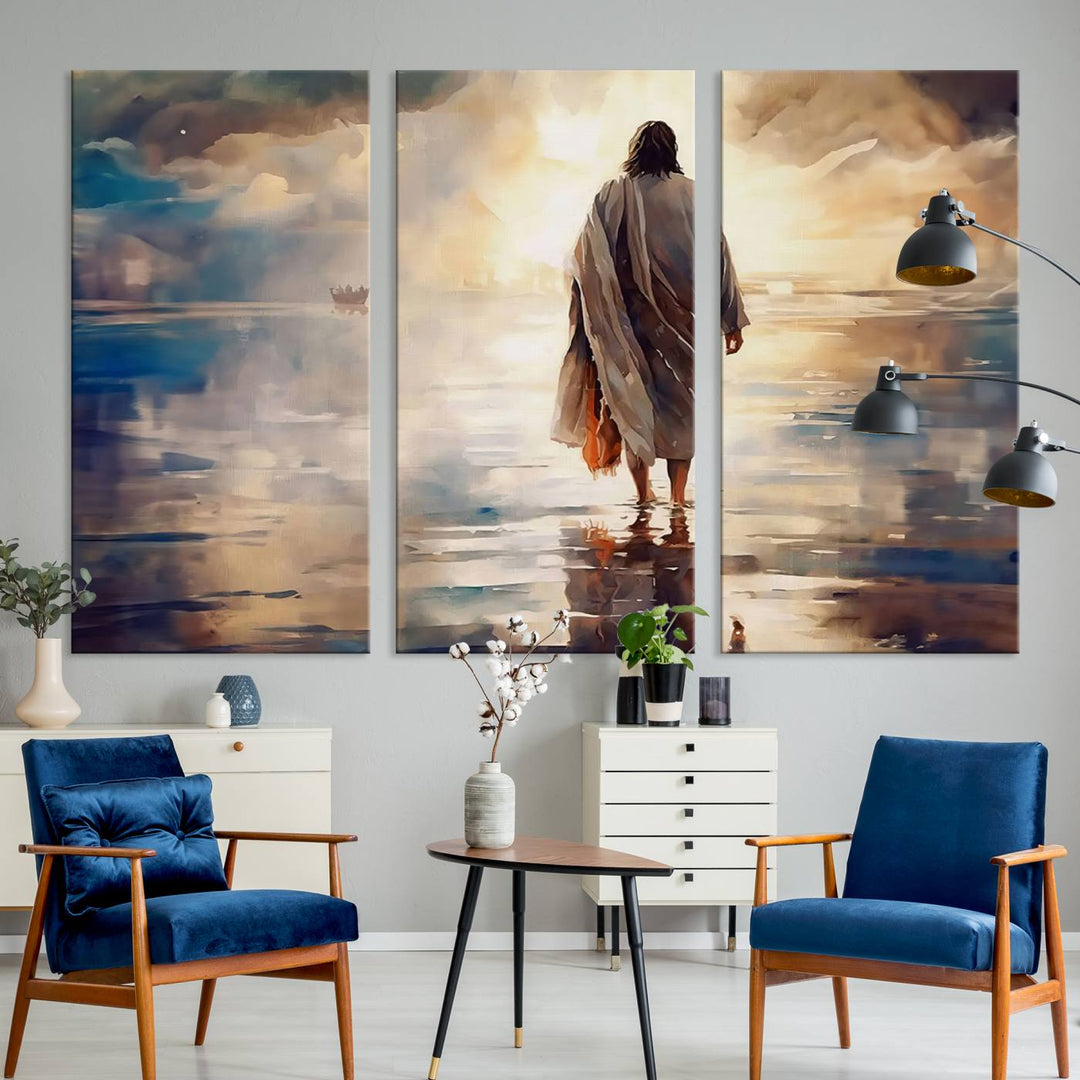 Jesus Walking on Water Wall Art | Ready to Hang Spiritual Triptych Canvas Print | Inspirational Christian Decor for Home or Church