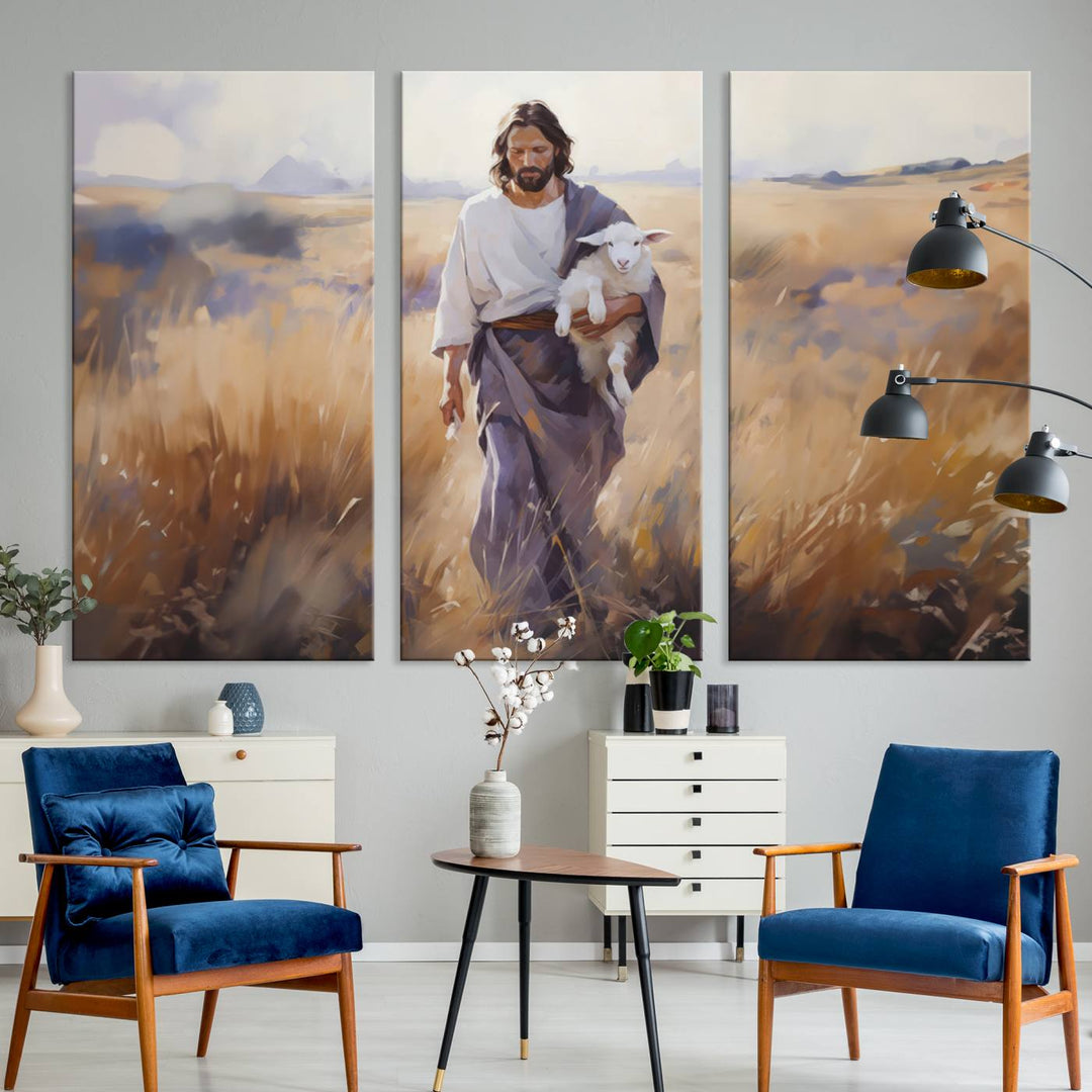 Jesus the Good Shepherd Wall Art Canvas Print - Lost Lamb  Print for Prayer Room Decor