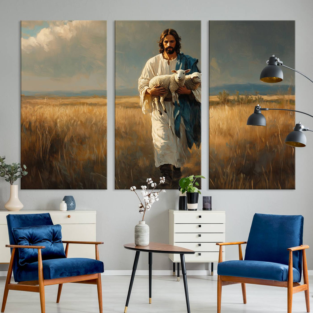 Jesus Shepherd Wall Art | Ready to Hang Triptych Canvas of Jesus Holding a Lamb in a Field | Inspirational Christian Decor for Home