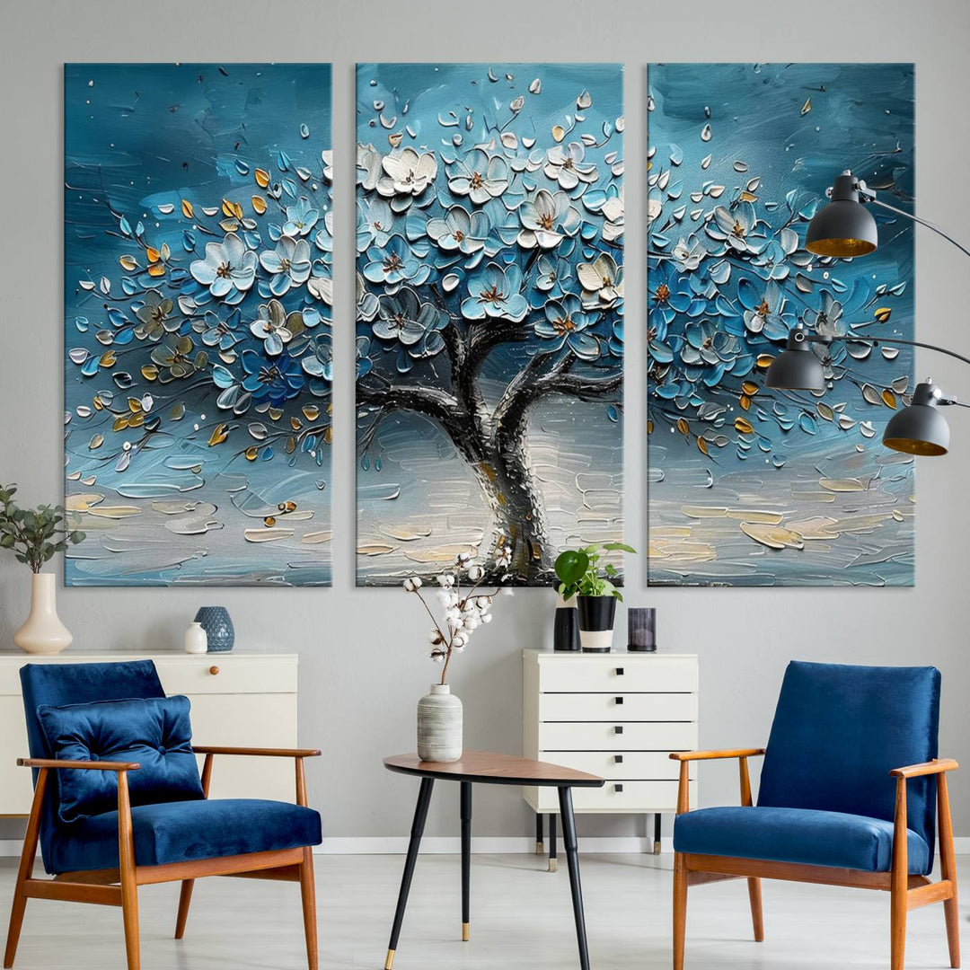 Abstract Blooming Tree Wall Art Print features blue, white, and gold textures on museum-quality canvas, perfect for modern decor.