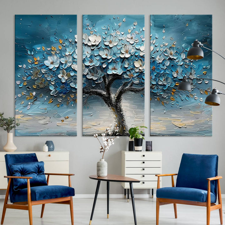 Abstract Blooming Tree Wall Art Print features blue, white, and gold textures on museum-quality canvas, perfect for modern decor.