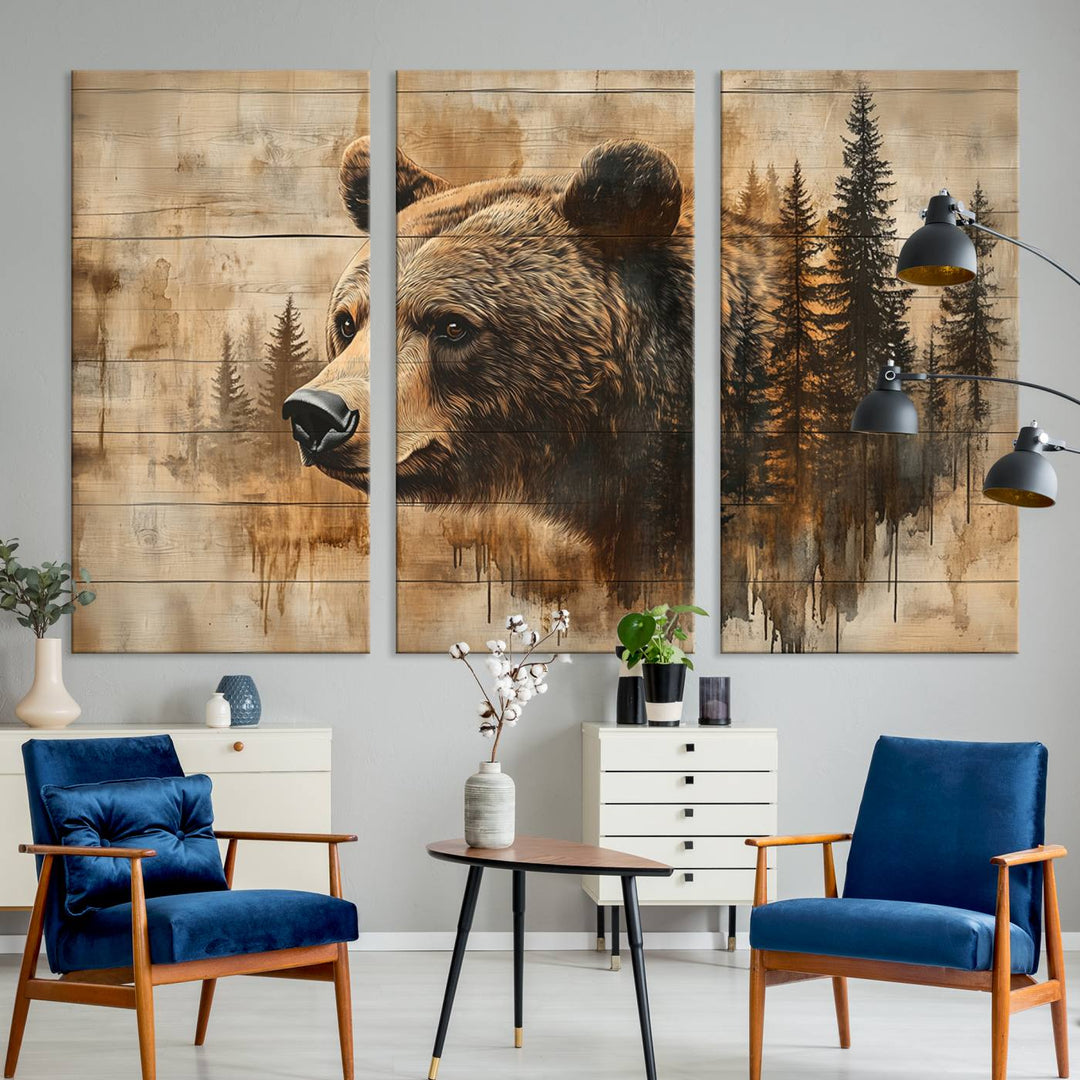 Abstract Rustic Grizzly Bear Wall Art Canvas Print - Woodland Wildlife Forest Print for Farmhouse Decor