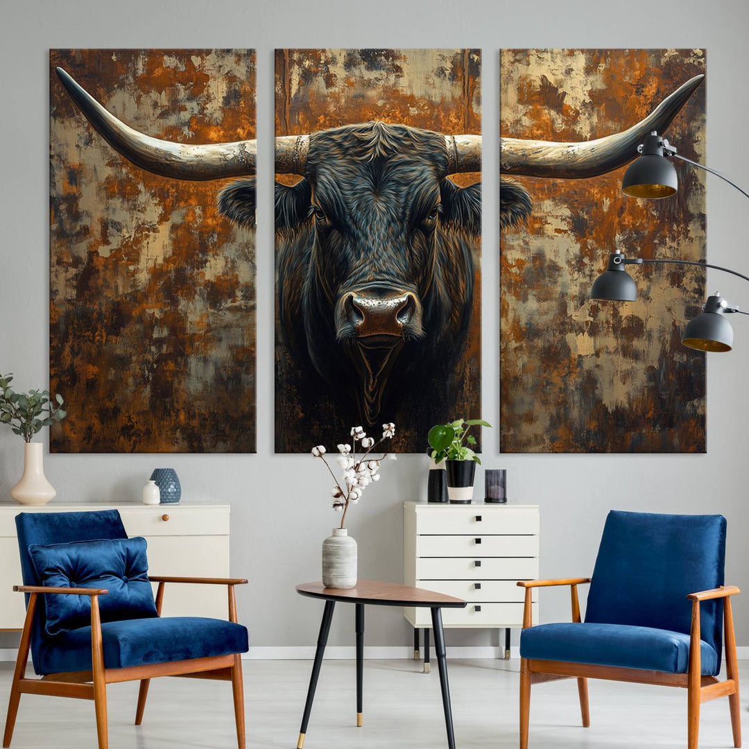 Abstract Longhorn Texas Bull Wall Art | Rustic Farmhouse Canvas Print | Ready to Hang Barn Decor for Farmhouse and Cabin Style