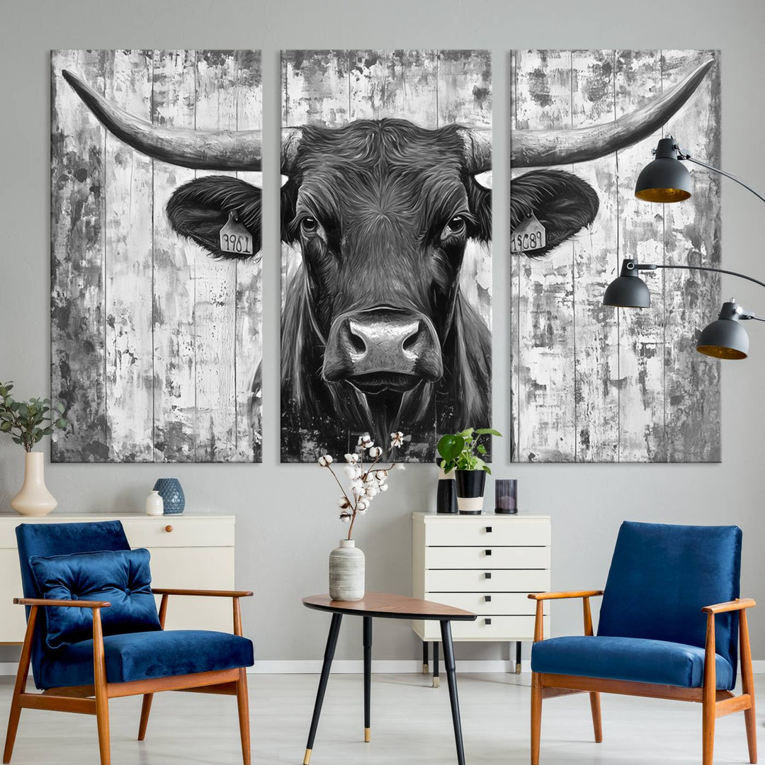 Abstract Longhorn Bull Wall Art Canvas Print - Rustic Texas Western Cow Artwork