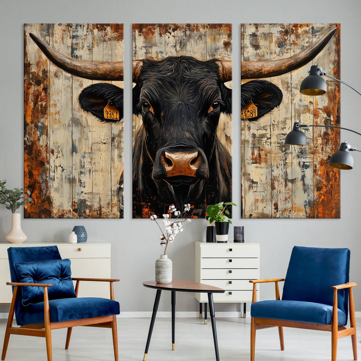 Abstract Cow Longhorn Bull Wall Art Canvas Print - Rustic Texas Western Cattle Artwork