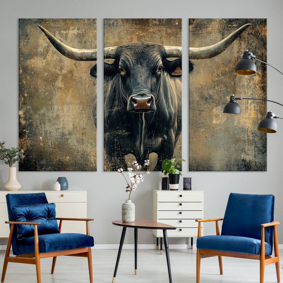 Abstract Cow Longhorn Bull Wall Art Canvas Print - Rustic Texas Western Cattle Artwork