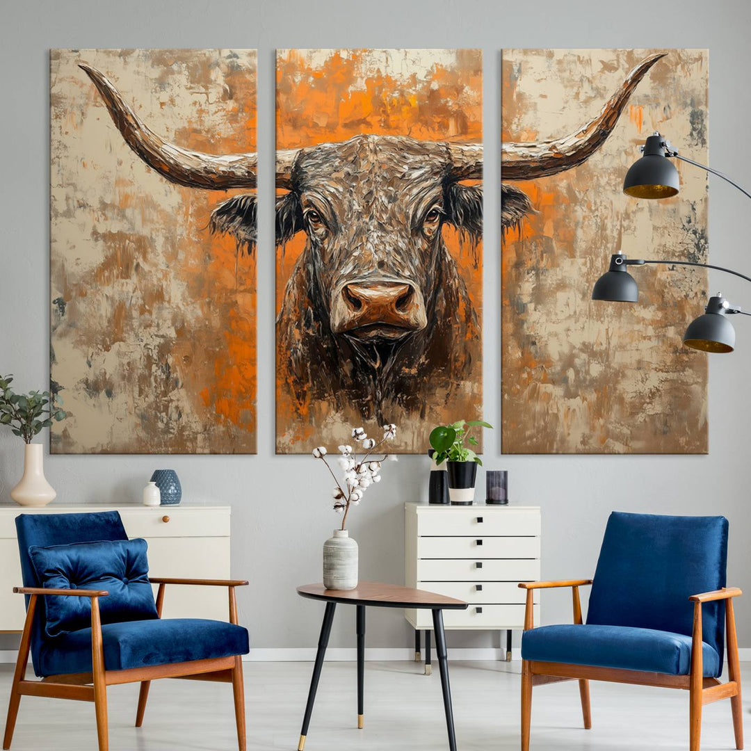 Abstract Cow Longhorn Bull Wall Art Canvas Print - Rustic Texas Western Cattle Artwork