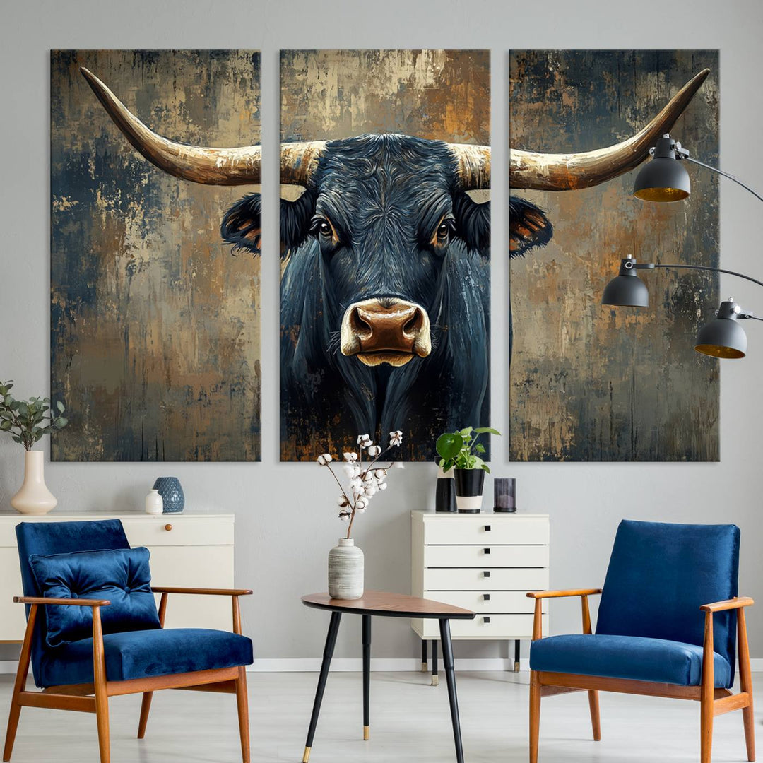 Abstract Cow Longhorn Bull Wall Art Canvas Print - Rustic Texas Western Cattle Artwork