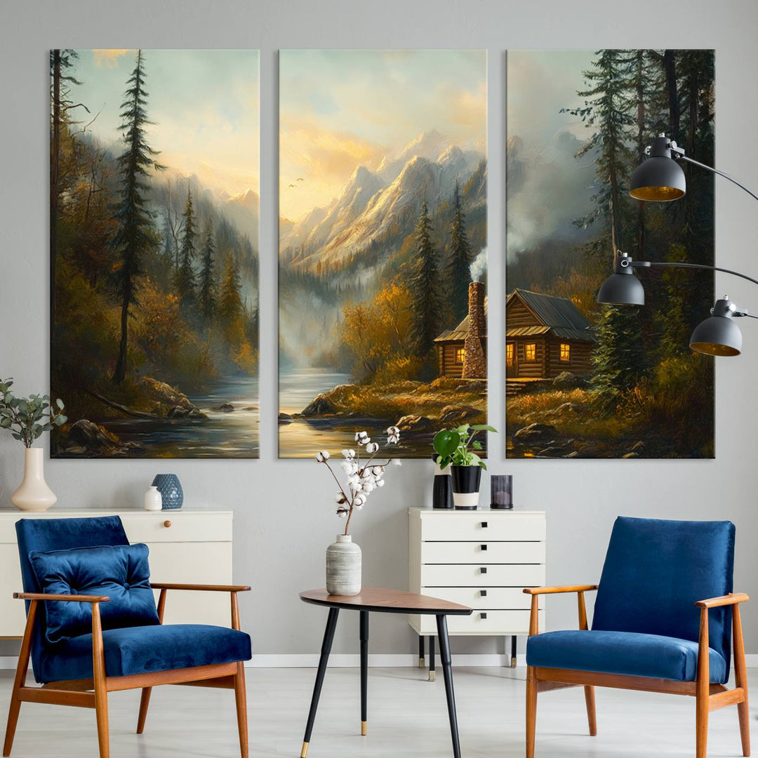 Wood Cabin Retreat Mountain at Sunset Wall Art Print - Serene Forest and River Landscape Wall Art Canvas Print