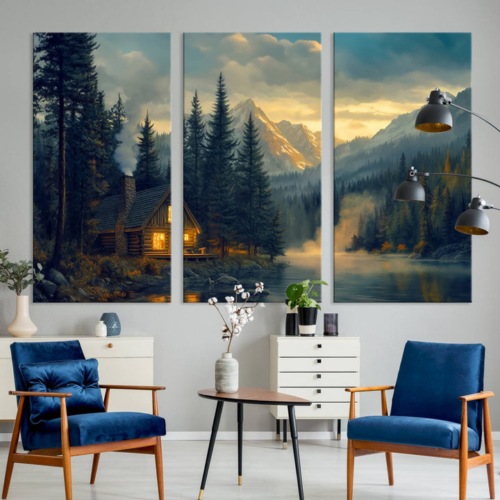 Mountain Cabin by the Lake at Sunset Wall Art - Serene Nature Canvas Print for Living Room Decor, Rustic Lodge Ambiance, 3-Panel Large Wall Art