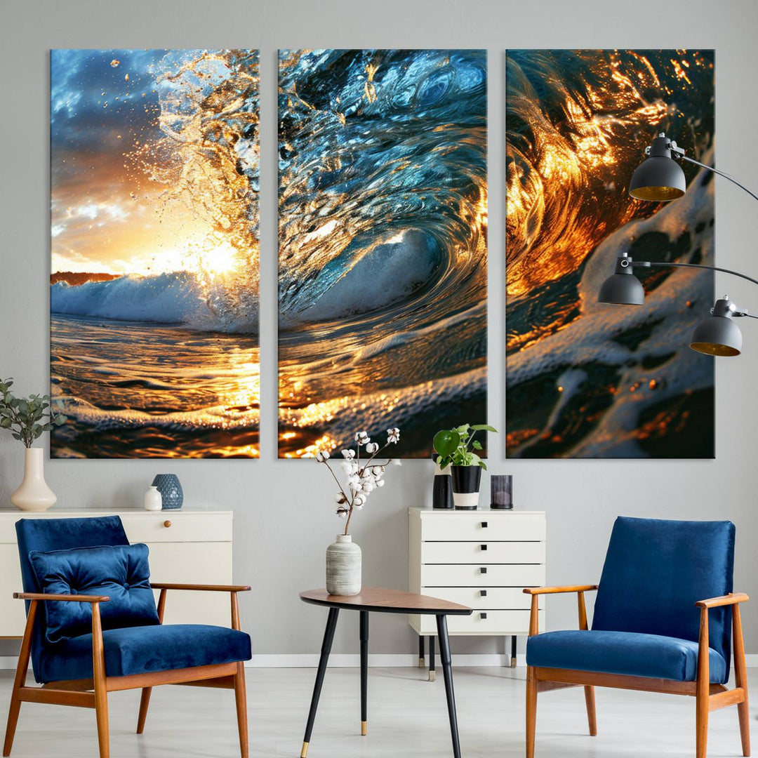 Ocean Wave at Sunset Wall Art | Ready to Hang Triptych Canvas Print | Coastal Wall Art for Living Room | Nautical and Beach House Decor