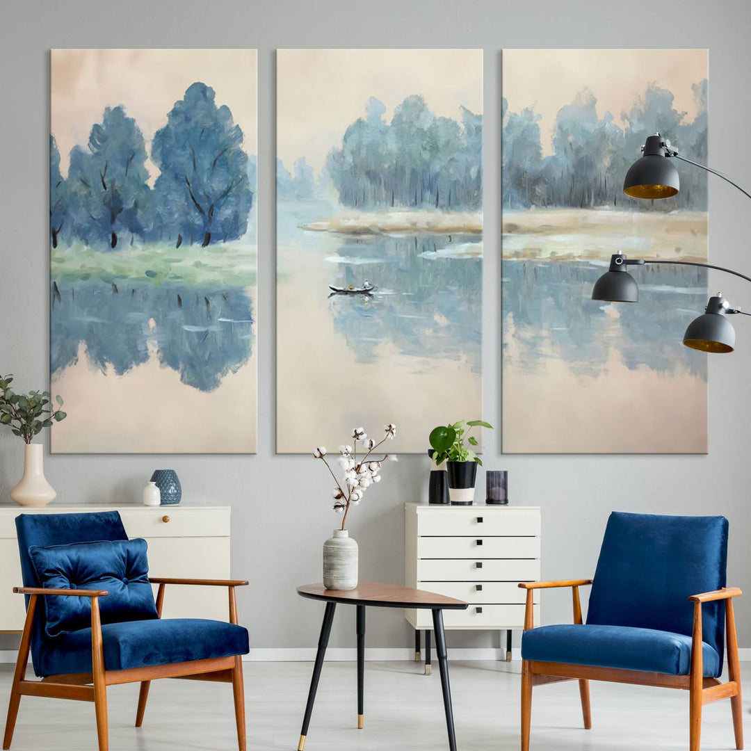 Landscape Printing Lake and Boat Scene | Serene Landscape Wall Art for Nature Lovers | Ready to Hang Triptych Canvas Print | Peaceful Blue Trees and Water Reflection Decor