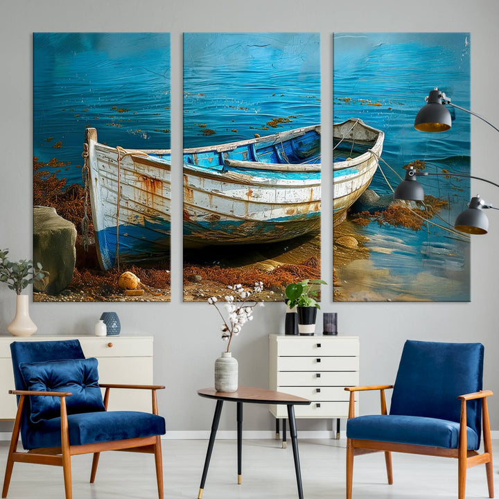 Vintage Boat on Tranquil Waters | Coastal Wall Art for Nautical Decor | Rustic Triptych Canvas Print | Beach House Art for Coastal Home Decor