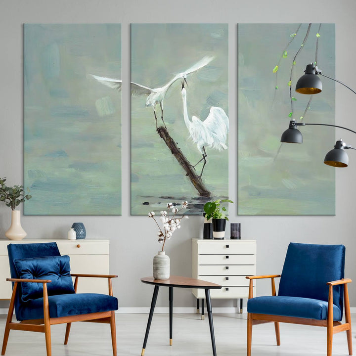 Elegant White Herons on Calm Waters | Coastal Wall Art for Nature-Inspired Decor | Serene Triptych Canvas Print | Ready to Hang Bird-Themed Art for Home Decor