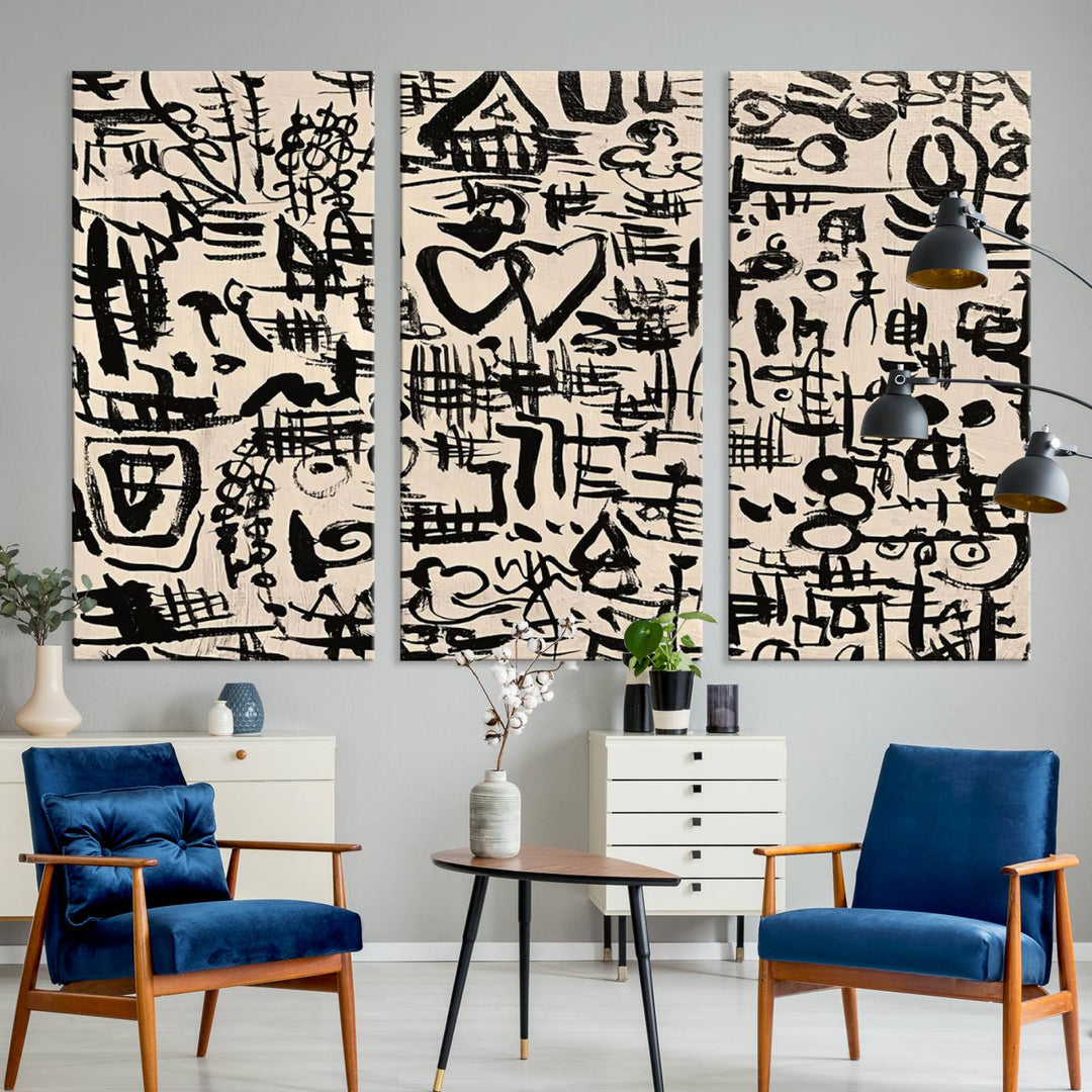 Love-in-People and Love and Chaos Abstract Wall Art | Bold Black and White Ready to Hang | Modern Expressionist Graffiti-Inspired Decor