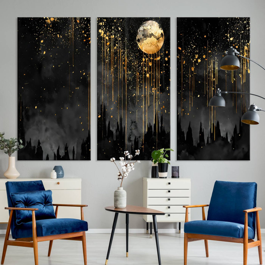 Gold Moon and Black Skyline Abstract Wall Art | Dark Modern Canvas Print with Dripping Gold Accents | Triptych Contemporary Homes