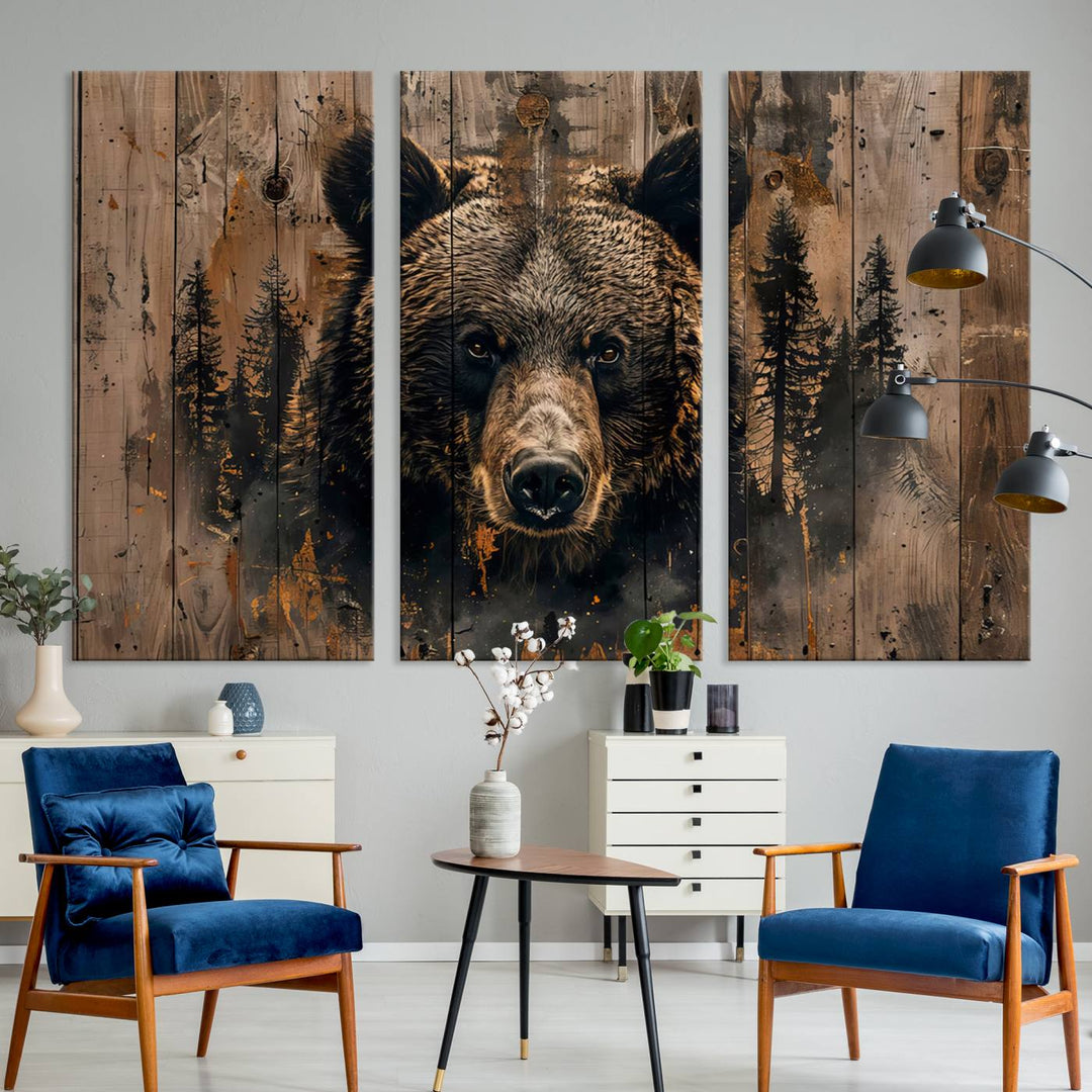 Rustic Bear Wall Art | Triptych Canvas Print | Rustic Cabin Wall Decor | Forest-Inspired Animal Art | Perfect for Farmhouse or Woodland Print