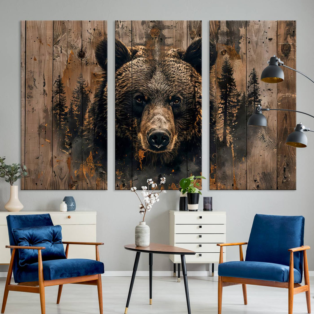 Rustic Grizzly 399 Wall Art is showcased against wood panels with forest silhouettes.