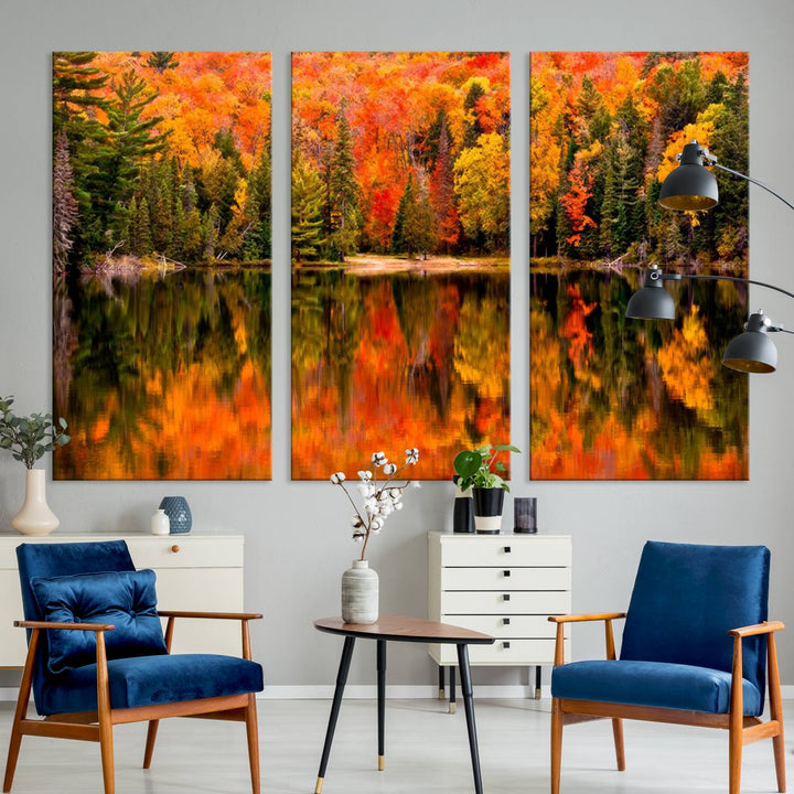 Autumn Forest Reflection Wall Art | Triptych Canvas Print | Vibrant Fall Foliage Wall Decor | Nature-Inspired Cabin Wall Art for Living Room