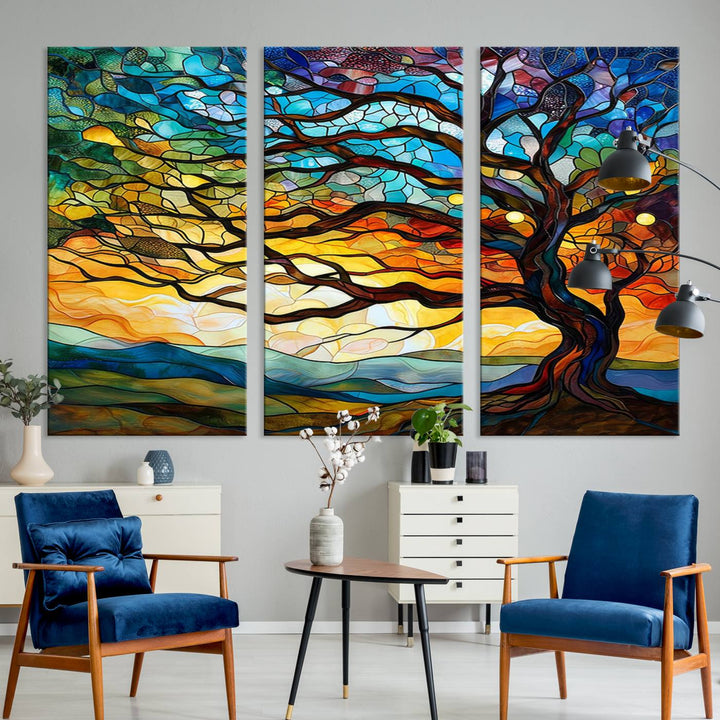 Vibrant Mosaic Tree of Life Wall Art | Stained Glass Style Canvas Print | Ready to Hang Artistic Decor