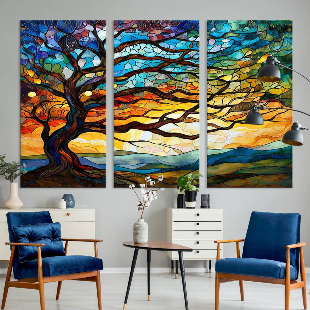 Mosaic Tree Wall Art | Ready to Hang Stained Glass Style Canvas Print | Farmhouse Wall Decor, Cabin Wall Art, and Unique Nature Home Decor