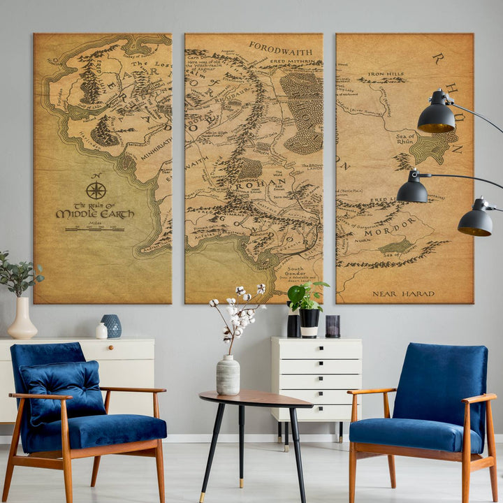 Vintage J.R.R. Tolkien Middle-Earth Map 3 Panel Canvas, perfect as wall art for home or office decor.
