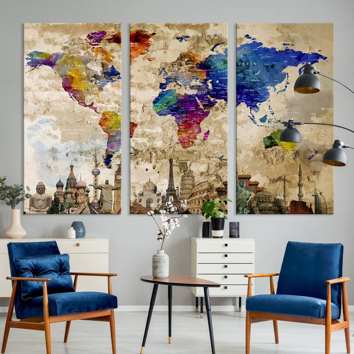 Framed World Map Canvas Print with Landmarks | Multi-Panel Wall Art | Ready to Hang Decor for Living Room, Office | Global Travel Wall Art | Vibrant Landmark Design