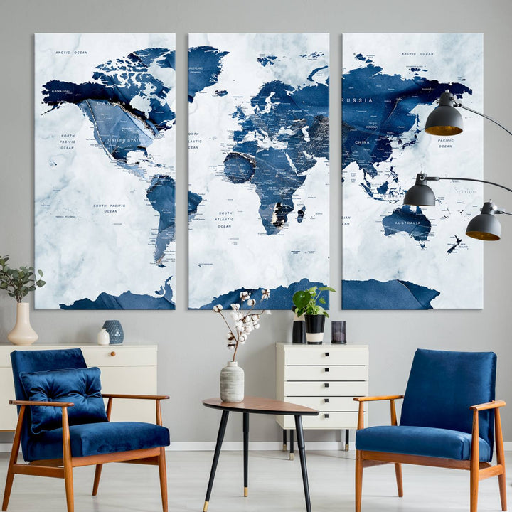 Navy Blue World Map with Antarctica Canvas: A perfect abstract home decor piece featuring a grunge-stained background.