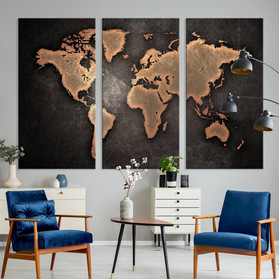 Maroon World Map Wall Art: Copper continents on a grunge-stained canvas, ideal for enhancing your decor.